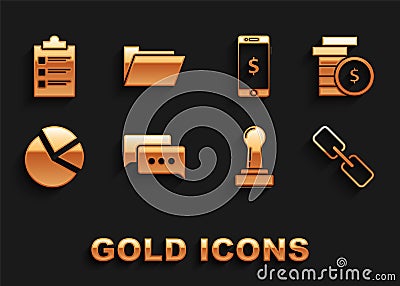 Set Speech bubble chat, Coin money with dollar symbol, Chain link, Stamp, Pie chart infographic, Smartphone, Clipboard Vector Illustration