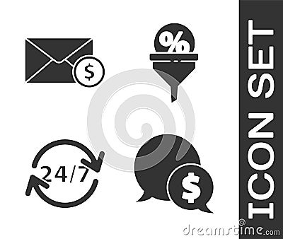 Set Speech bubble with dollar, Envelope with coin dollar, Clock 24 hours and Lead management icon. Vector Vector Illustration
