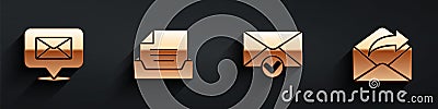 Set Speech bubble with envelope, Drawer with document, Envelope and check mark and Outgoing mail icon with long shadow Vector Illustration
