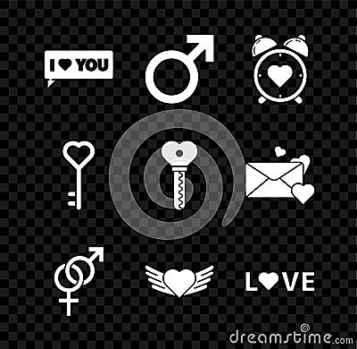 Set Speech bubble with I love you, Male gender symbol, Heart in the center alarm clock, Gender, wings, Love text, Key Vector Illustration