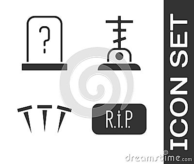 Set Speech bubble rip death, Grave with tombstone, Metallic nails and Grave with cross icon. Vector Vector Illustration