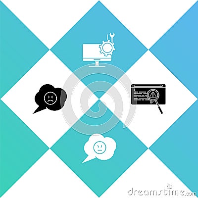 Set Speech bubble with sad smile, angry, Computer monitor service and System bug concept icon. Vector Stock Photo