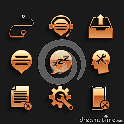 Set Speech bubble with snoring, Wrench and gear, Mobile service, Human head, File document, chat, Upload inbox and Route Vector Illustration
