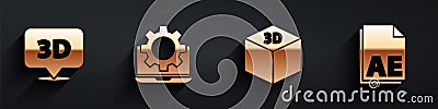Set Speech bubble with text 3D, Laptop and gear, Isometric cube and AE file document icon with long shadow. Vector Stock Photo
