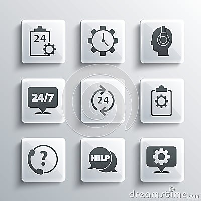 Set Speech bubble with text Help, Location gear, Checklist 24 hours service, Telephone support, Clock, and Support Vector Illustration