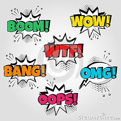 Set of speech bubbles with different emotions and Boom, Wow, Wtf, Bang, Oops words. Vector illustration Cartoon Illustration