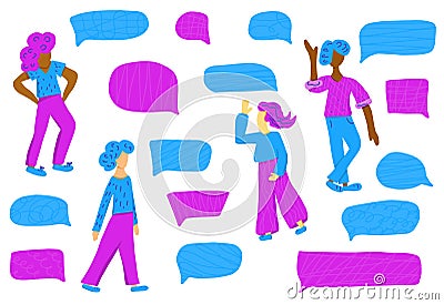 Set of speech bubbles and girls characters. Vector Illustration