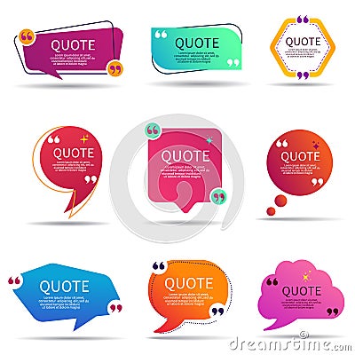 Set of speech quote text box of gradient color. Template of geometric badge with circle shape. Remark dialog, citation bubble for Stock Photo