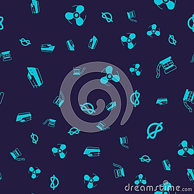 Set Speedboat, Marine bollard with rope, Boat propeller and Nautical knots on seamless pattern. Vector Vector Illustration