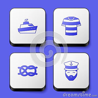 Set Speedboat, Striped sailor t-shirt, Nautical rope knots and Captain of ship icon. White square button. Vector Vector Illustration