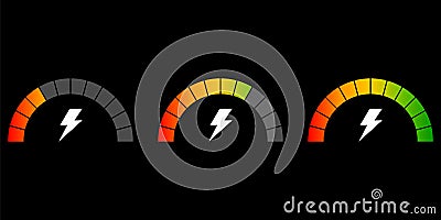 Set of speedometer. Speed icon with lightning on black background. Set indicators, indicating quality, level, rating Vector Illustration