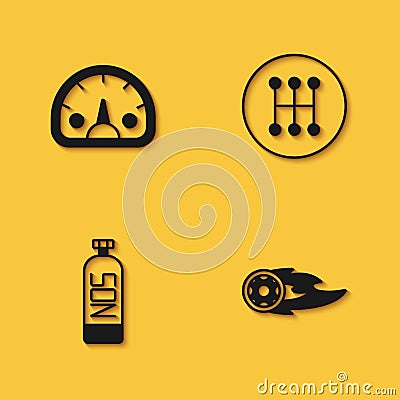 Set Speedometer, Wheel in fire flame, Nitrous oxide and Gear shifter icon with long shadow. Vector Vector Illustration