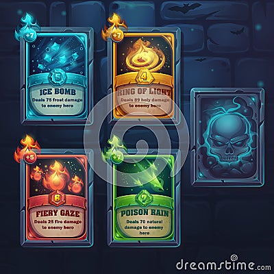 Set spell cards of fiery gaze, poison rain, ice bomb, ring of li Vector Illustration