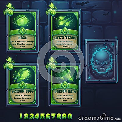 Set spell cards of haze, lifes tears, poison spit, poison rain Vector Illustration