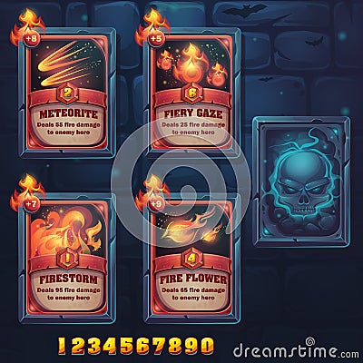 Set spell cards of meteorite, fiery gaze, firestorm, fire flowes Vector Illustration