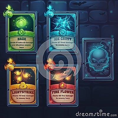 Set spell cards of nature, ice, fire, light Vector Illustration