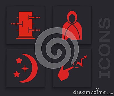 Set Spell, Trunk for magic tricks, Mantle, cloak, cape and Moon and stars icon. Vector Vector Illustration