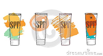 Set with SPF sunscreen cosmetics cream, sketch in doodle style. Sun protection factor for summer face and body care, icons Vector Illustration