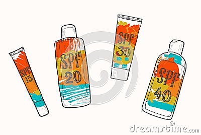 Set with SPF sunscreen cosmetics, sketch in doodle style. Sun protection factor for summer face and body care, icons Vector Illustration