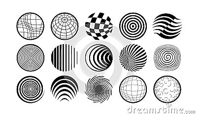Set of spherical geometric objects. Hypnotic line figures Vector Illustration