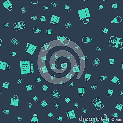 Set Spice in can, Paper bag with bread loaf, Shopping list and pencil and Fish plastic tray container on seamless Vector Illustration