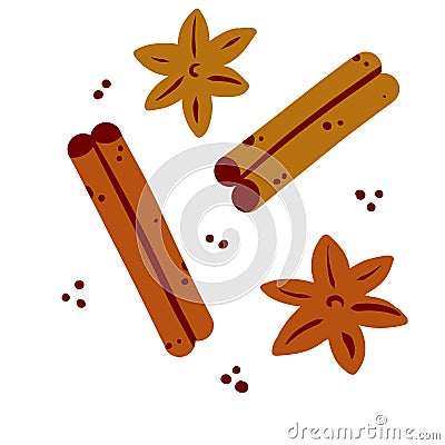 Set of spices. Cinnamon stick and brown anise flower. Vector Illustration