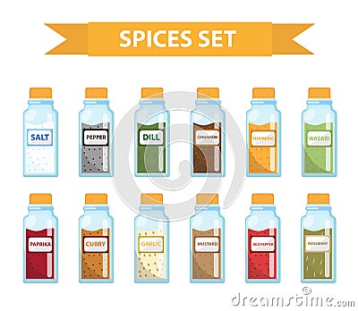 Set spices in jars, flat style. Set of different spices, herbs in a glass jar Vector Illustration