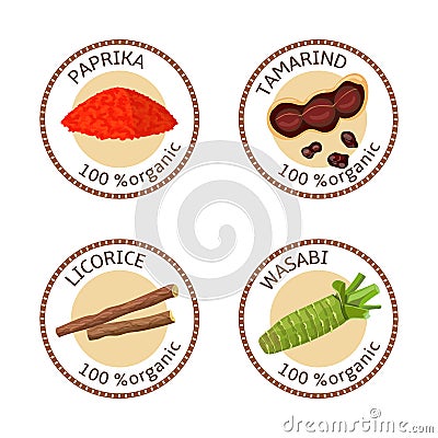 Set of spices labels. 100 organic. collection Vector Illustration