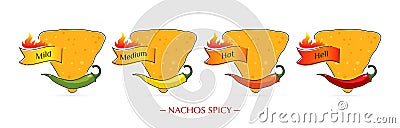 Set of spicy nachos with chili peppers of different tastes. Vector Illustration
