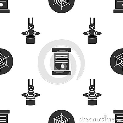 Set Spider web, Decree, paper, parchment, scroll and Magician hat and rabbit on seamless pattern. Vector Vector Illustration