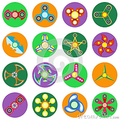 Set of 16 spinners of different shapes a flat style. Vector Illustration
