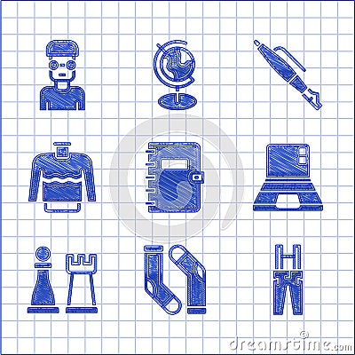 Set Spiral notebook, Socks, Pants with suspenders, Laptop, Chess, Sweater, Fountain nib and Nerd geek icon. Vector Stock Photo
