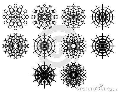 Set of spirograph design shapes. Flowers and snowflakes. Black outline. Web design elements isolated on white background Vector Illustration