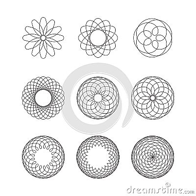 Set of spirograph elements. Collection of abstract shapes for design. Vector Illustration