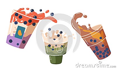 Set of Splashing Bubble Tea in Plastic Cups. Beverages with Bubbles and Splatters Swirls. Cold Drink Splashing in Mugs Vector Illustration