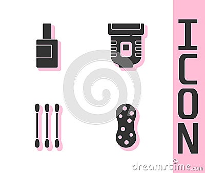 Set Sponge, Bottle for cleaning agent, Cotton swab ears and Epilator icon. Vector Vector Illustration