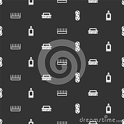 Set Sponge, Bottle for cleaning agent, Hairbrush and Brush on seamless pattern. Vector Vector Illustration