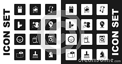 Set Sponge, Toilet bowl, Trash can, Home cleaning service, Bar of soap, Washer and Robot vacuum cleaner icon. Vector Vector Illustration