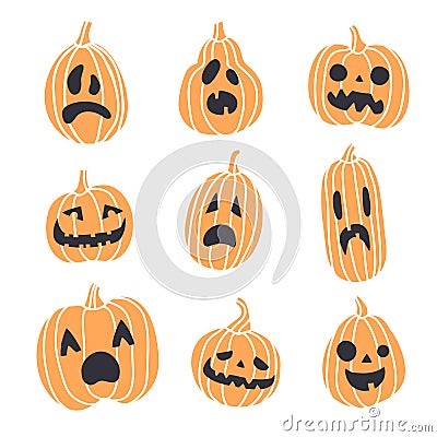 Set of spooky Halloween pumpkin faces. Different emotions Vector Illustration