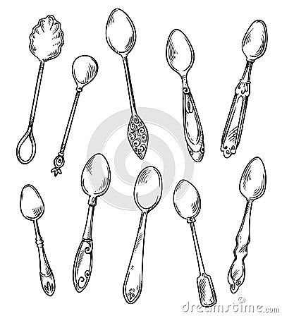 Set of spoons, vector hand drawn illustration Vector Illustration
