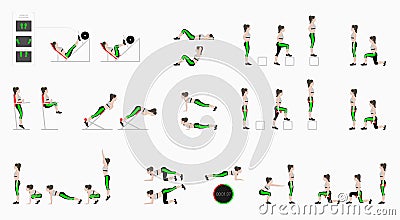 Set of sport exercises. Exercises with free weight. Exercises in a gym. Leg lifts, Squats, Push-Ups, Burpee, Plank, Lunges, Sit-Up Stock Photo