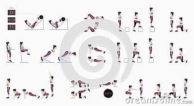 Set of sport exercises. Exercises with free weight. Exercises in a gym. Leg lifts, Squats, Push-Ups, Burpee, Plank, Lunges, Sit-Up Stock Photo