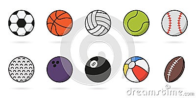 Set of Sport Game Balls Icon. Collection of Balls for Basketball, Baseball, Tennis, Rugby, Soccer, Volleyball, Golf Vector Illustration
