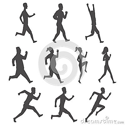 Set of sport movements people silhouette. Active fitness, run, exercise and athletic man and woman variety size. Flat Cartoon Illustration