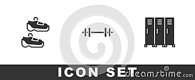 Set Sport sneakers, Barbell and Locker changing room icon. Vector Vector Illustration