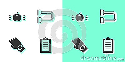 Set Sport training program, Apple, Smart watch on hand and Chest expander icon. Vector Vector Illustration