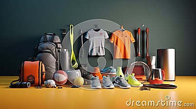 set of sporting goods on the ground Stock Photo