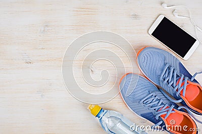 A set for sports activities on wooden background with copyspace Stock Photo
