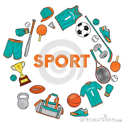 A set of sports clothes and items for different sports. T-shirt, shorts, sneakers, bag, football and basketballs, volan, tennis ra Vector Illustration