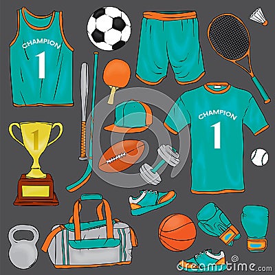 A set of sports clothes and items for different sports. T-shirt, shorts, sneakers, bag, football and basketballs, volan, tennis ra Vector Illustration